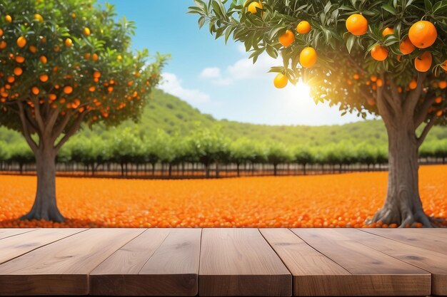 Tavolo di legno vuoto con spazio libero su alberi d'arancia sullo sfondo di un campo d'arancio
