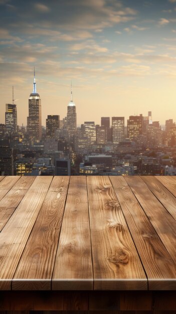 Tavolo di legno vuoto con un paesaggio urbano sfocato sullo sfondo