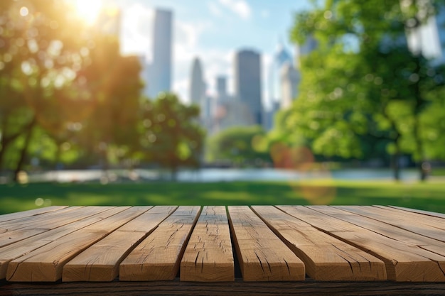 Tavolo di legno vuoto con un parco cittadino sfocato sullo sfondo