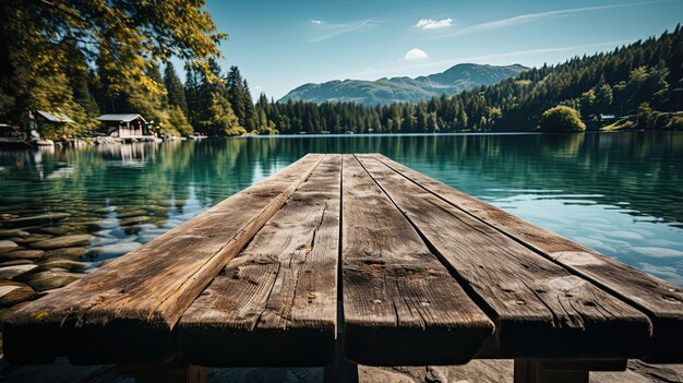 Tavolo di legno vuoto con un ponte di legno liscio che si affaccia su laghi estivi e foreste verdi