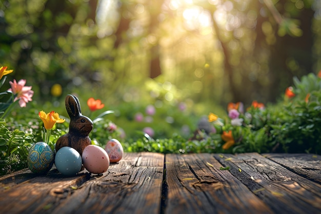 Tavolo di legno vuoto con uova di Pasqua contro il giardino in fiore