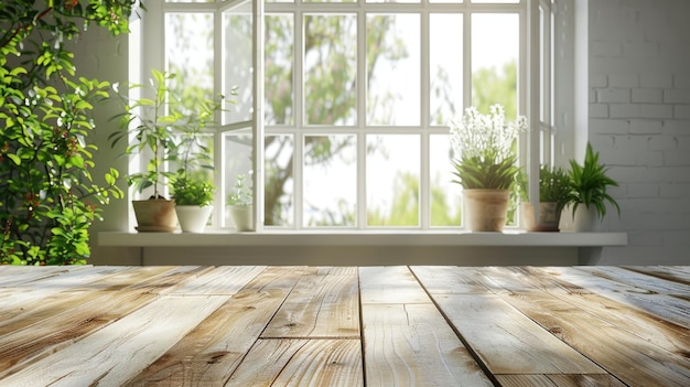 Tavolo di legno vuoto con vista sulla finestra primaverile e fiori