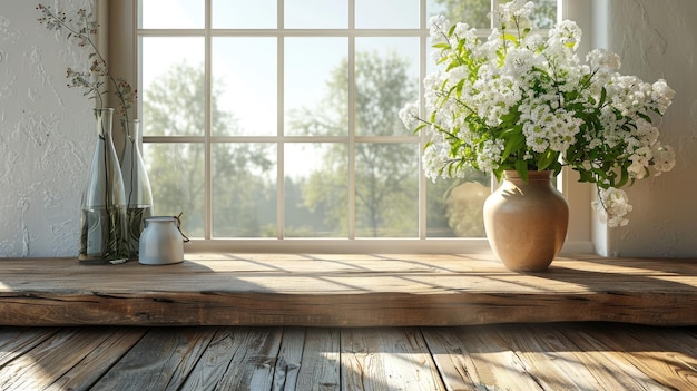 Tavolo di legno vuoto con vista sulla finestra primaverile e fiori