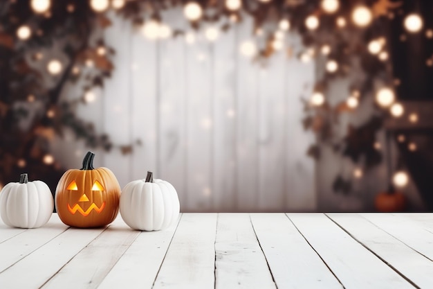 Tavolo di legno vuoto con zucca di Halloween Jack O'Lantern Copia spazio per la presentazione del tuo oggetto prodotto Mostra pubblicità promozionale Scena vuota di luce Happy Halloween Generative AI