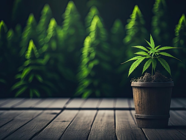 Tavolo di legno vuoto davanti alla pianta di marijuana ai generativa