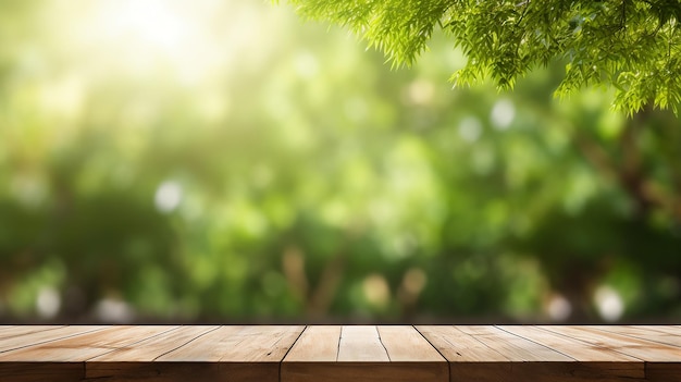 tavolo di legno vuoto e albero verde sfocato nel parco