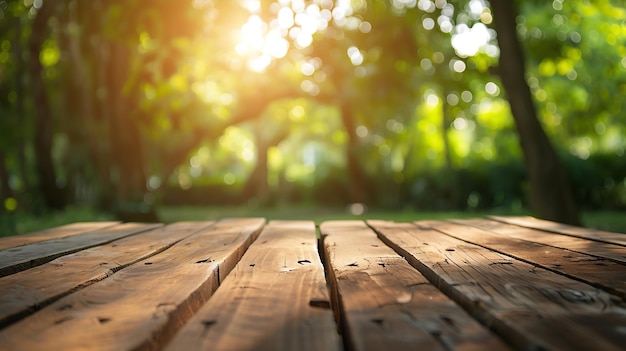 Tavolo di legno vuoto e bokeh sfocato e sfondo sfocato degli alberi del giardino con luce solare AI generativa