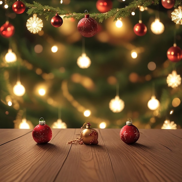 Tavolo di legno vuoto e ghirlanda sfocata su ornamenti di Natale sullo sfondo generato dall'AI