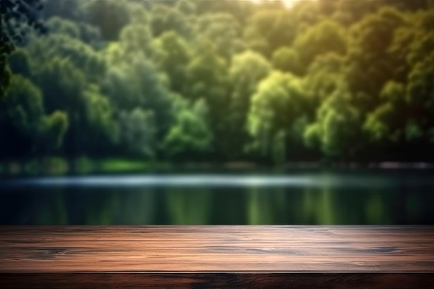 Tavolo di legno vuoto e luce solare sfocata della foresta del lago estivo Foto di alta qualità