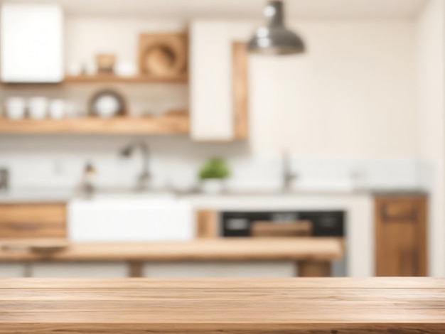 Tavolo di legno vuoto e sfocato sullo sfondo bianco moderno della cucina sullo sfondo della cucina per prodotti alimentari