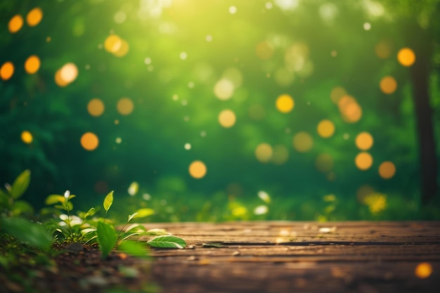 Tavolo di legno vuoto e sfondo bokeh sfocato di erba e fiori nel parco