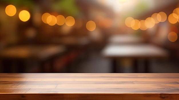 Tavolo di legno vuoto e sfondo sfocato del caffè visualizzazione del prodotto