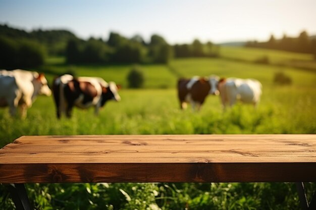 Tavolo di legno vuoto e sfondo sfocato di mucche su campo verde generativo ai