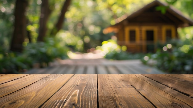 Tavolo di legno vuoto e sfondo sfocato verde con piccola casa di legno per visualizzare i vostri prodotti