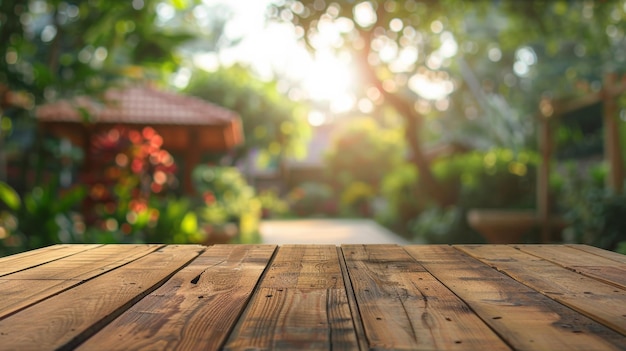 Tavolo di legno vuoto e sfondo sfocato verde con piccola casa di legno per visualizzare i vostri prodotti