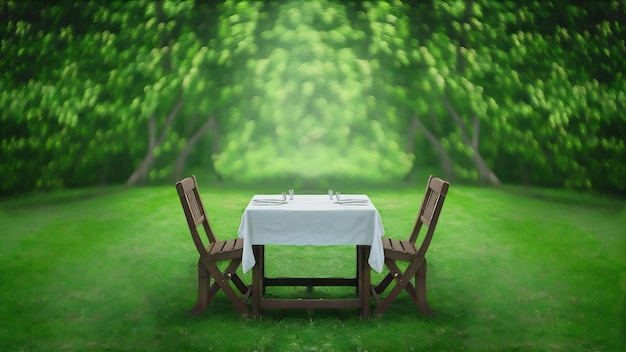 Tavolo di legno vuoto e vista sfocata da un giardino di alberi verdi sullo sfondo bokeh