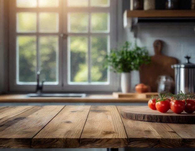 Tavolo di legno vuoto in cucina con sfondo di finestra sfocato al mattino