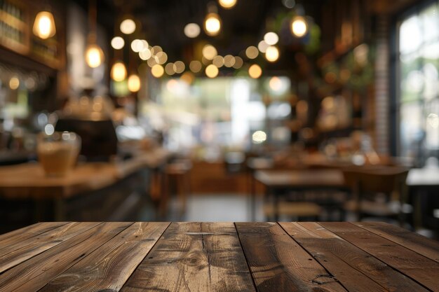 Tavolo di legno vuoto in una caffetteria per l'esposizione di prodotti