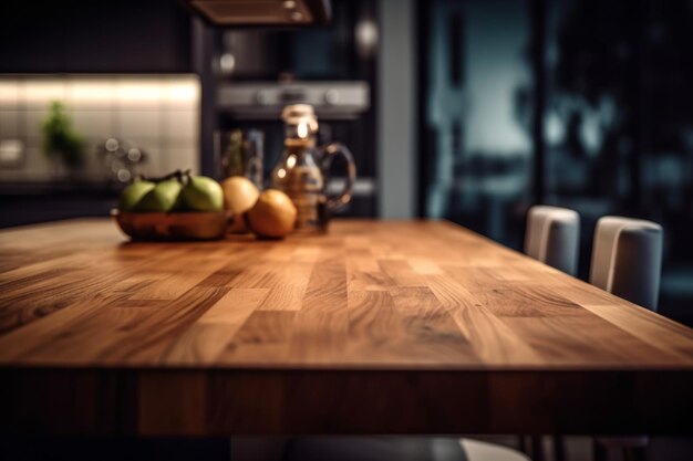 Tavolo di legno vuoto in una cucina moderna, un caffè o un ristorante, sfondo sfocato generato da Ai