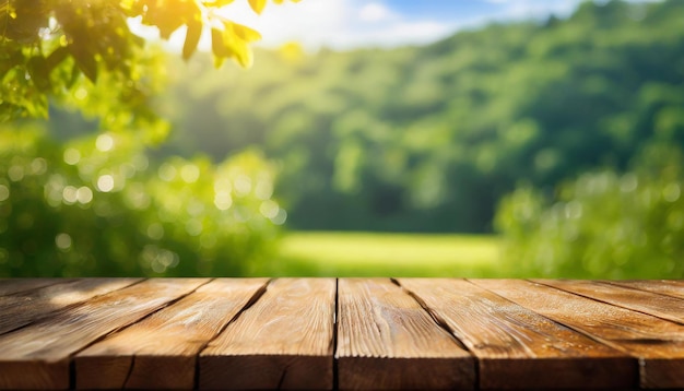 Tavolo di legno vuoto Mock up per la visualizzazione del prodotto Natura sfocata verde sullo sfondo