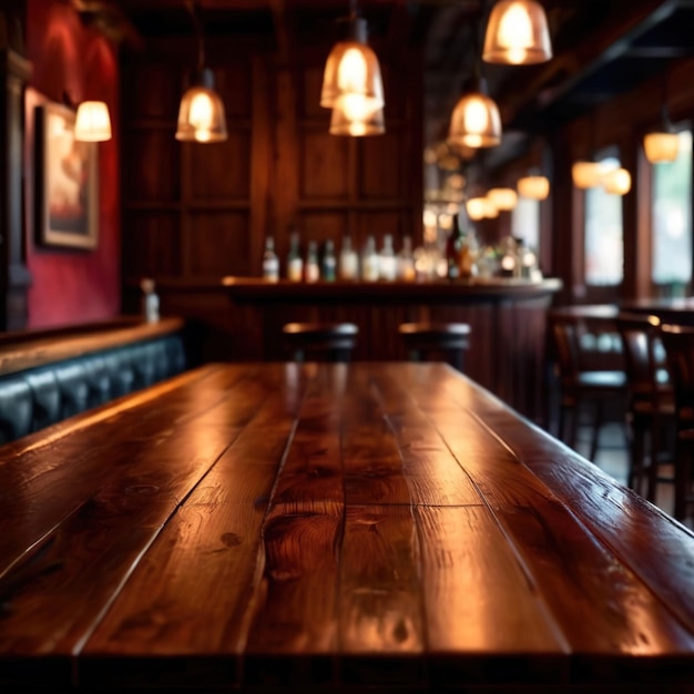 Tavolo di legno vuoto nel bar di un ristorante per la fotografia di modelli di prodotti