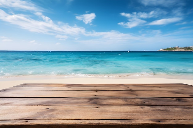 Tavolo di legno vuoto per qualsiasi prodotto sfondo di spiaggia e mare