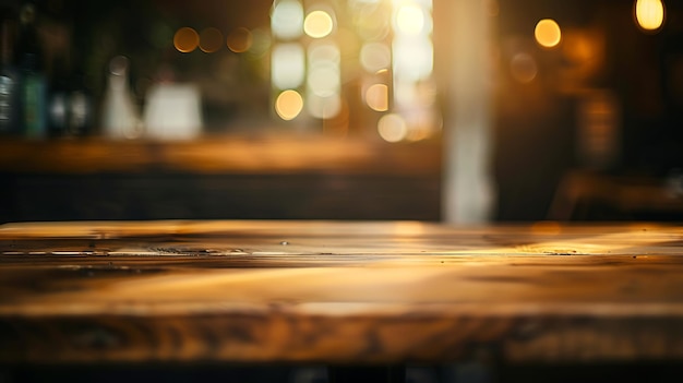 tavolo di legno vuoto su sfocato bokeh d'oro chiaro di un caffè-ristorante su sfondo scuro AI generativa