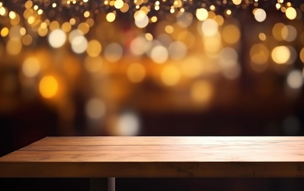 Tavolo di legno vuoto su sfocatura bokeh dorato chiaro di un bar di un ristorante in uno sfondo scuro