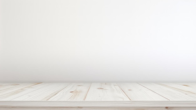 Tavolo di legno vuoto sullo sfondo bianco della parete