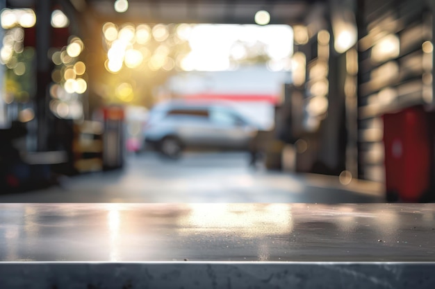Tavolo di metallo vuoto e vista sfocata di un garage per l'esposizione dei prodotti