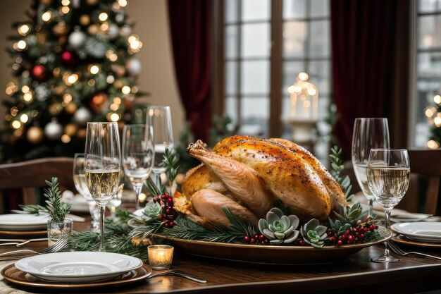 Tavolo di Natale con tacchino arrosto e altri piatti tradizionali