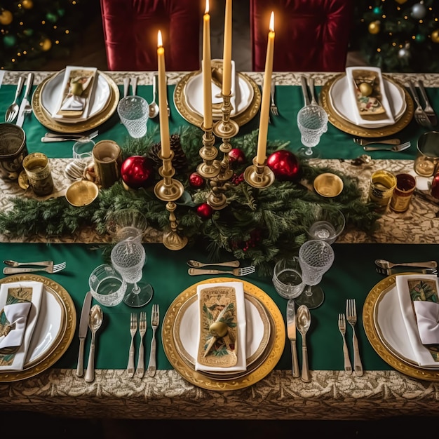 Tavolo di Natale scape elegante tavolo da pranzo formale con decorazioni natalizie per la celebrazione di eventi di festa ai generativa postelaborata