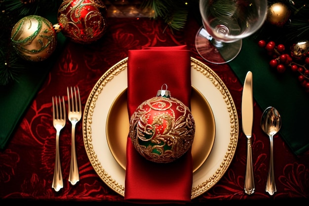 Tavolo di Natale splendidamente decorato per una bella cena di Natale in famiglia Decorazione della tavola rossa