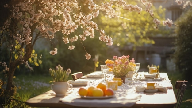 Tavolo di primavera con alberi in fiore e giardino soleggiato sfocato sullo sfondo