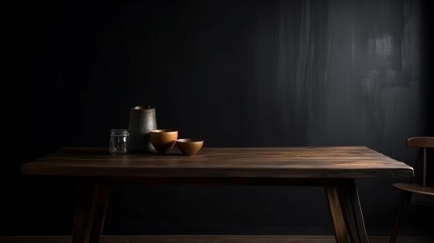 Tavolo di pulizia in legno scuro per spettacolo di cose con fondotinta per soggiorno sfocato Risorsa creativa AI generata