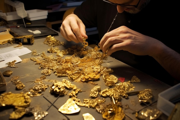 tavolo di rottami d'oro in fase di ispezionePunto focale sui due braccialetti