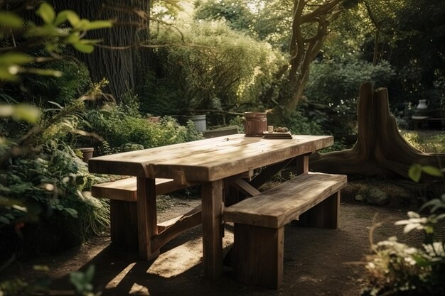 Tavolo e panca in legno rustico incastonati in uno splendido giardino creato con la tecnologia dell'IA generativa