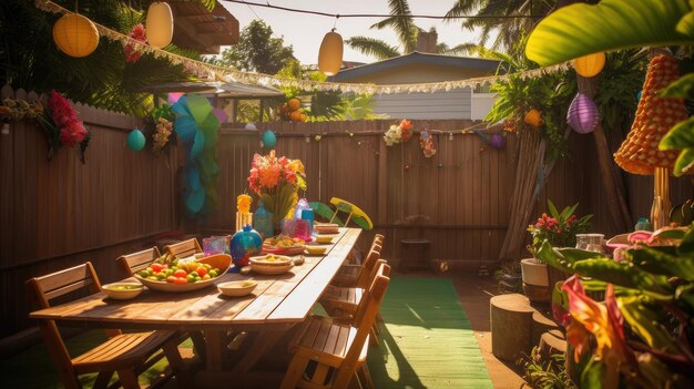 Tavolo e sedie in stile hawaiano nel giardino Tono vintage