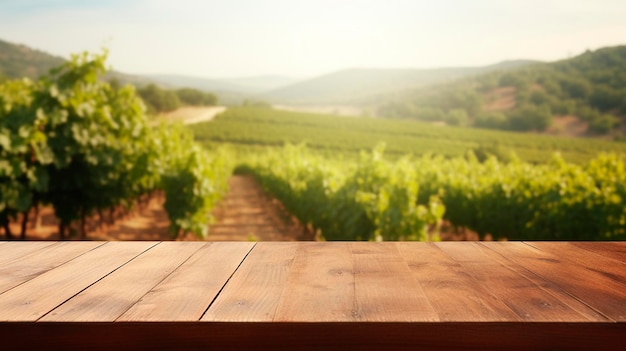 Tavolo e tavola di legno sullo sfondo del paesaggio dei vigneti IA generativa