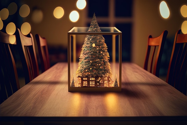 tavolo fatto di legno con una vista sfocata di un albero di Natale fuori