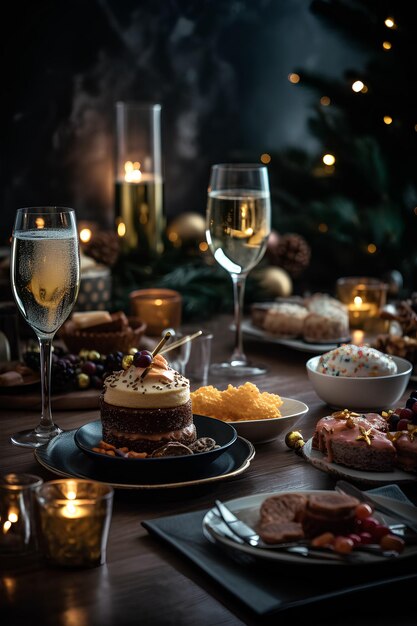 Tavolo festivamente allestito con bicchieri di champagne e spuntini albero di Natale con bokeh sullo sfondo