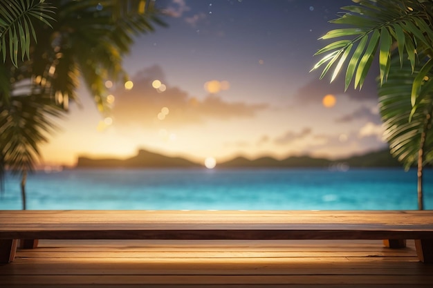 Tavolo in legno 3d che si affaccia su un paesaggio tropicale con luci bokeh