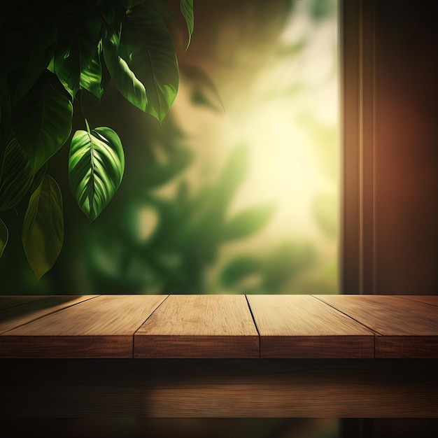 Tavolo in legno 3D con sfondo sfocato dalla finestra della pianta IA generativa