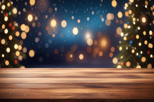 Tavolo in legno 3d sullo sfondo natalizio di luci bokeh e stelle