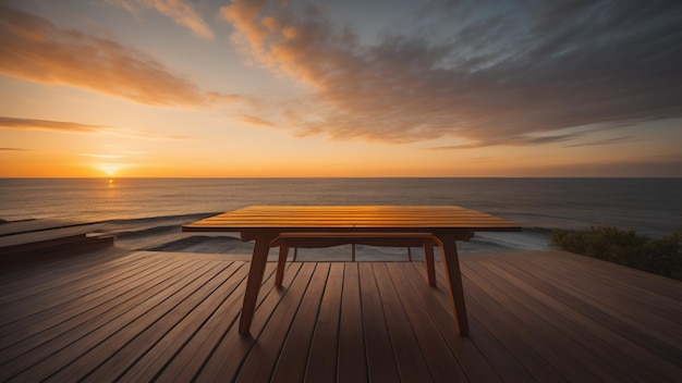 Tavolo in legno al tramonto Sfondo della natura IA generativa