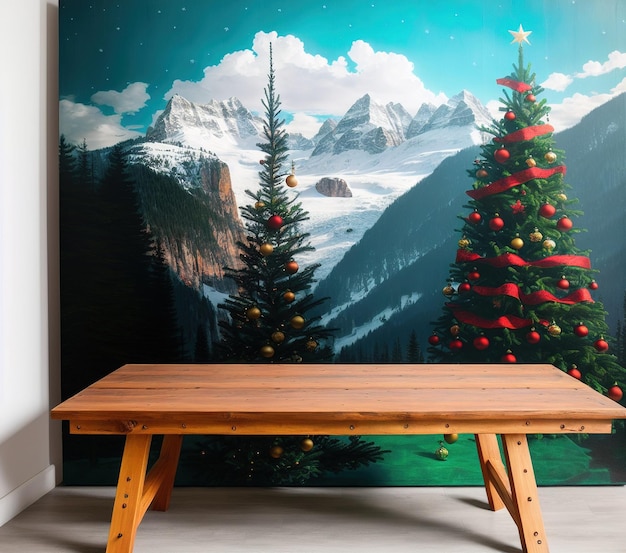 tavolo in legno albero di natale con foto vista nevosa incorniciata