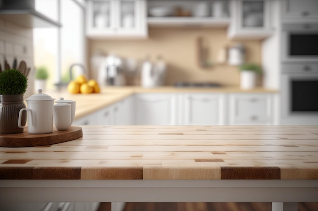 Tavolo in legno chiaro su sfondo cucina sfocato Moderno tavolo in legno Mockup per la visualizzazione del prodotto di montaggio Illustrazione generativa di intelligenza artificiale