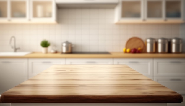 Tavolo in legno con cucina sfocata per il montaggio della mostra dei prodotti Spazio di copia Generativo ai