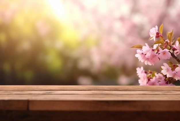 Tavolo in legno con fiori di ciliegio sullo sfondo Generativo Ai