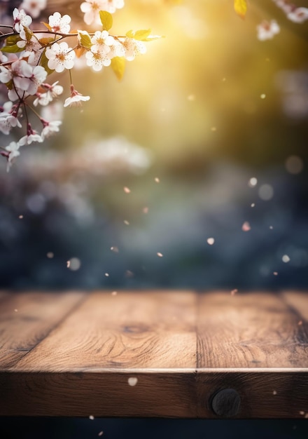 Tavolo in legno con fiori sullo sfondo della stagione primaverile.